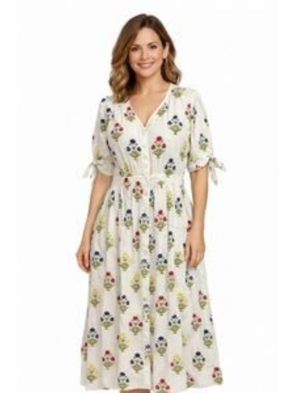 Pink Chicken Floral VNeck Midi Dress Multicolor Embroidery Sz M Cottagecore Boho - Picture 1 of 8